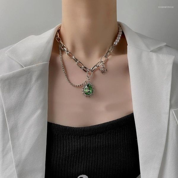 Anhänger Halsketten U-magische asymmetrische grüne Wassertropfen-Strass-Halskette für Frauen, modische Imitationsperle, klobiger Kettenschmuck