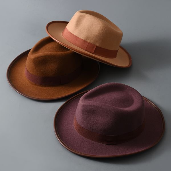 Шляпа шляпы с широкими краями ковша мужские федорас женская мода джазовая шляпа осень и зимний кофейный шерстяной кепку с пушкой на открытом воздухе. Повседневные танцы LM03 230317