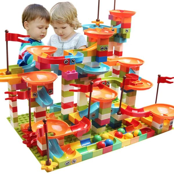 Große Blöcke Spielzeug Marmor Rennlauf Bausteine mit Maze Ball Rennstrecke für Kinder Jungen Mädchen Geburtstag Weihnachtsgeschenk