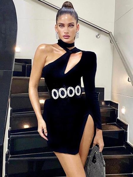 Casual Kleider Schwarz Weiß Bodycon Mini Kurzes Verbandkleid Frauen Halter Eine Schulter Langarm Kristall Schärpen Promi Abend Party