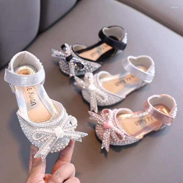 Scarpe basse Argento Rosa Nero Strass Bowknot Sandali per ragazze Principessa per bambini Per la primavera estate Festa di nozze Ballo 1 2 3-13T