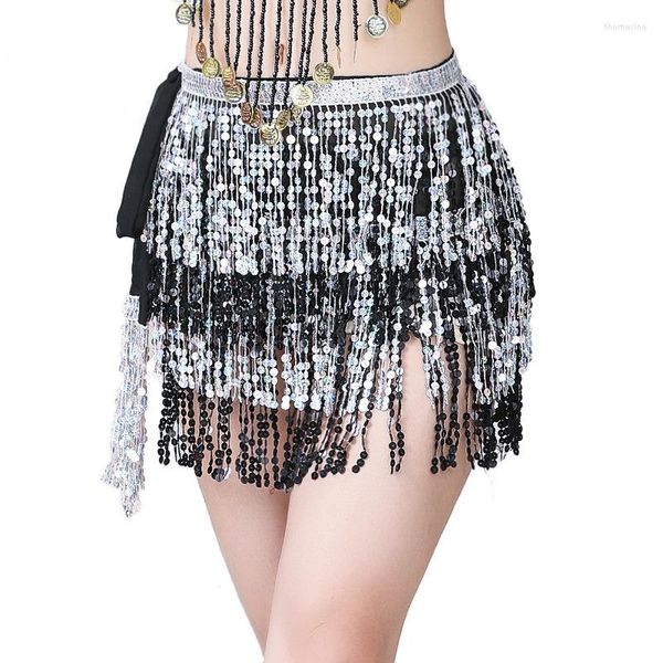 Stage Wear Gonna corta scintillante multicolore per ragazze 4 file Rectangle Design Women Belly Dance Paillettes Fringe Sciarpa all'anca