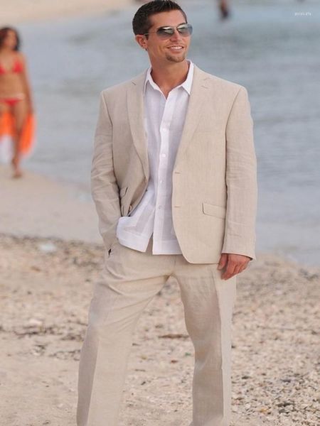 Abiti da uomo Ultimi disegni di pantaloni da cappotto Champagne Beige Lino da uomo per matrimonio Estate Casual Sposo Uomo Beach Party Prom