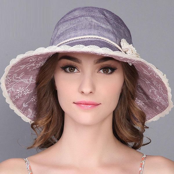 Chapéus de aba larga linho feminino chapéu de sol adulto verão chapeu feminino praia cap femme balde UV dobrável b-7595wide