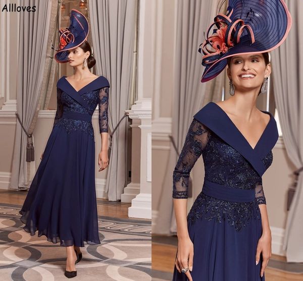 Elegante Marinha escura Mãe da noiva veste uma linha de chiffon renda aplicada V Nech Women Women Formal Party Dales 3/4 mangas compridas no tornozelo vestido de mãe da mãe cl2023