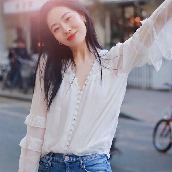 T-shirt feminina Bloups Women 2023 The Summer French Retro Flugue Blouse Chiffon Blouse com mangas alargadas Duas cores moda