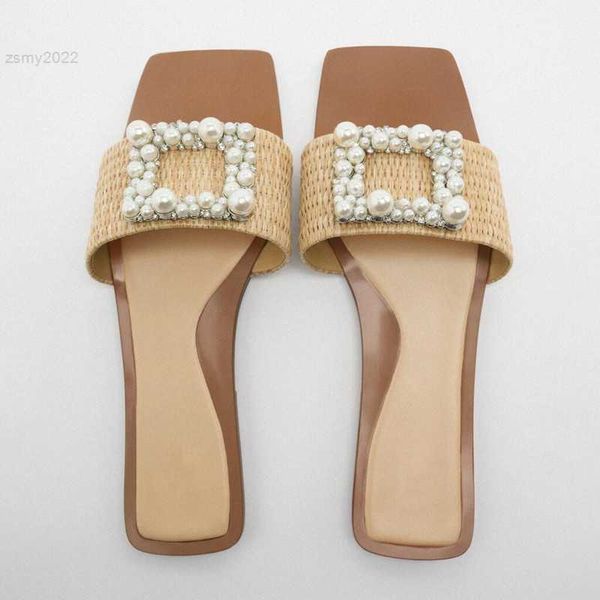 Sandalen ONKOGENE Frauen Flache Sandalen Mit Breiten Gewebten Riemen Herbst Vorne Perle Hausschuhe Frau Karree Sandalen Sexy Strand Rutschen 2022