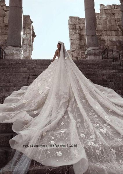 Abito da sposa Romantico Scollo rotondo Backless Sposa A-Line Fiori di lusso Perline Appliques Abito da sposa vintage a maniche lunghe 2023