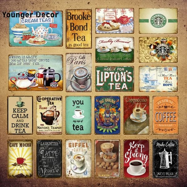 Placas clássicas de lata de metal de metal bebem chá mocha placa de parede vintage para barra de decoração de cozinha em casa adesivo de parede 30x20cm w03