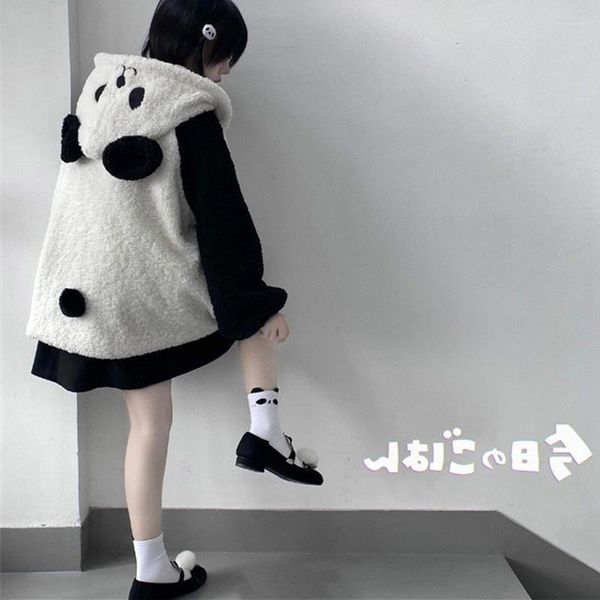 Damenjacken Kawaii Hoodies Frauen Pelzmantel Sweatshirt Reißverschluss Niedliche Panda-Ohrkappe Herbst Winter Warm Mit Kapuze Rollkragenpullover Sudadera Mujer