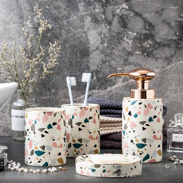 Badzubehör-Set, 4-teilig, Keramik-Badezimmer-Accessoires-Organizer mit Mosaik-Design, Emulsionsflasche, Seifenspender, Becher, Geschenke