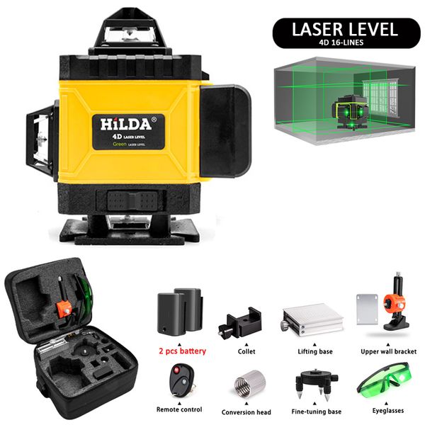 12/16 линии 3/4D Laser Level Level Selfering 360 Горизонтальный и вертикальный поперечный супер мощный зеленый 2 батарея лазерный уровень