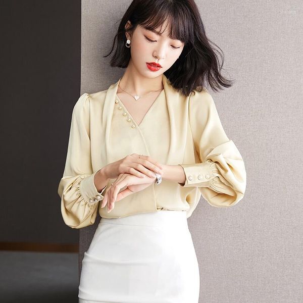 Damenblusen Pinkoz Elegante Vintage gelbe Knöpfe Spitze Upbow Kragen Frühling Herbst Bluse für Frauen Chic Blusas Mujer De Moda Femme Hemd