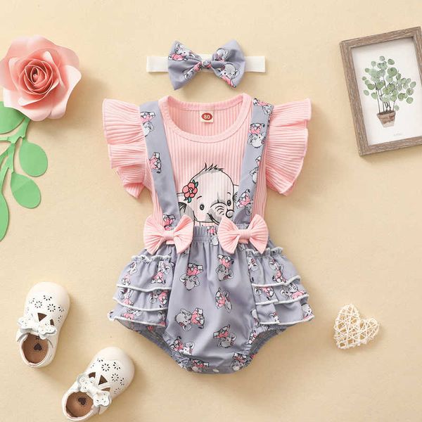 Kleidungssets 0-18M Mädchen Sommer 3er-Pack Anzug Kurzarm Rüschen Baby Elefant Streifen Overall Elefantendruck Slip Kleid Rosa Stirnband