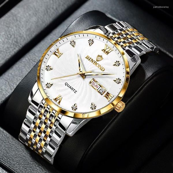 Avanadores de pulso Moda Wristwatch Mens ouro aço inoxidável Solid Soltsks Watches Luminous Hands Week Data Relogio Masculino