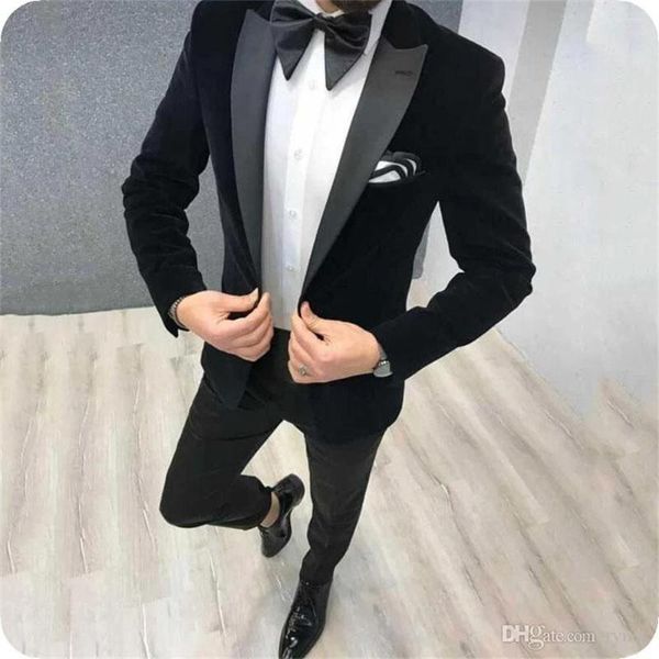 Herrenanzüge 2023 Stil Mantel und Hose Design Schwarzer Samt Herren Western Slim Fit Hochzeit Bräutigam Party Smoking 2 Stück (Mantelhose)