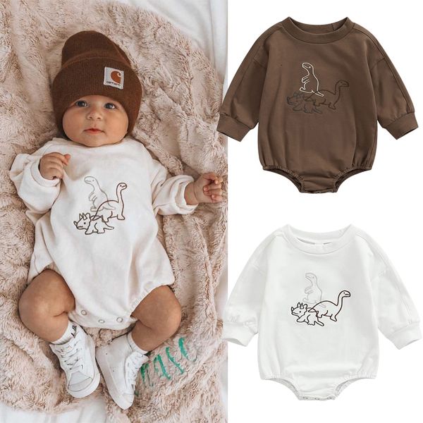 Rompers outono Baby Romances infantis crianças algodão de algodão de manga longa dinossauros bordados meninos meninas macacões roupas de bebê 0-18m 230317