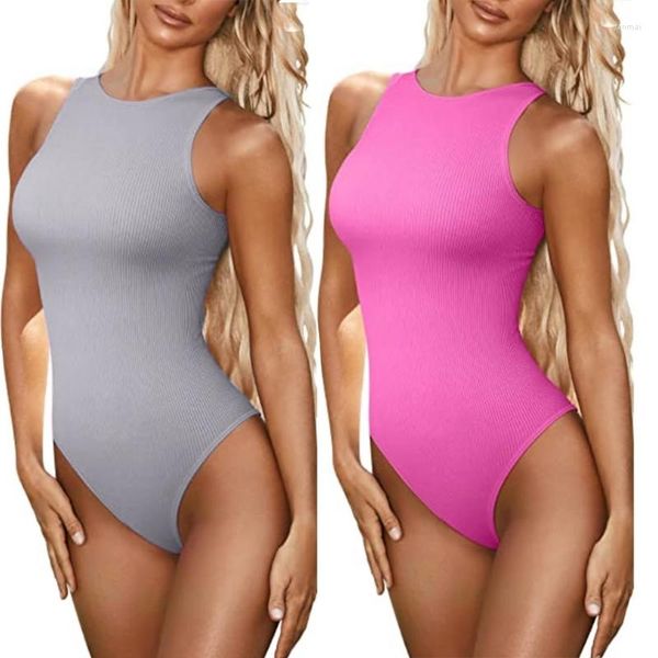 Tanques femininos m2ea feminina verão halter pescoço puro racerback skinny bodysuit top top sem mangas com nervuras de cor de cor sólida de cor sólida