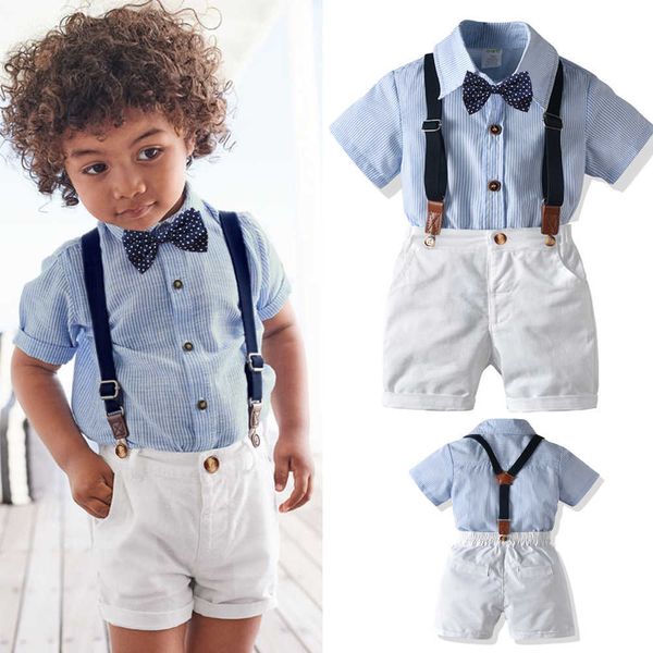 Set di abbigliamento Abiti per ragazzi Completi di abiti Camicia estiva a maniche corte a righe Pantaloncini bianchi tinta unita Bretelle per bambini Abiti firmati formali per bambini