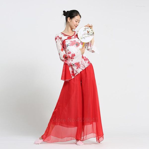 Desgaste do palco de estilo chinês feminino de dança clássica traje de gaze corporal manga trompete da caneca étnica de calça de top pratica roupas hanfu menina