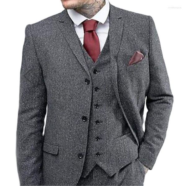 Ternos masculinos Tweed de lã cinza Homens para casamento Casual Casual Tuxedos Roupos de moda masculina de inverno Jaqueta de 3 peças com calças