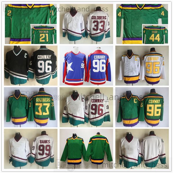 Filme Vintage Hockey Jersey Retro CCM Bordado 96 Charlie Conway Jersey 33 Greg Goldberg 21 Dean Portman 44 Fulton Reed 99 Adam Banks Blank Green White Jerseysys