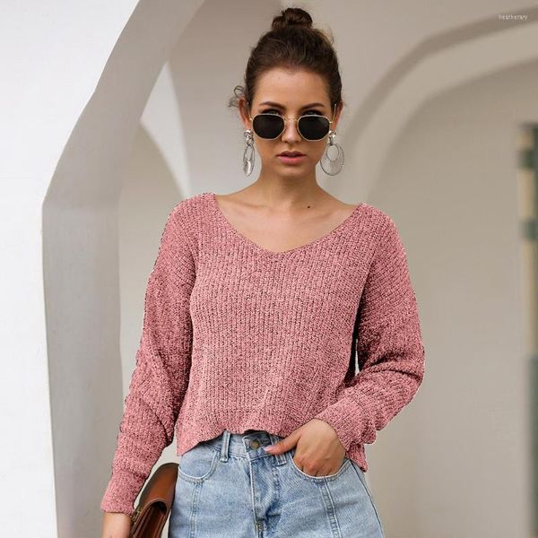 Suéter de roupa étnica para mulheres 2023 de alta qualidade de algodão V pescoço solto tipo curto pullovers de malha grossa Tops outono
