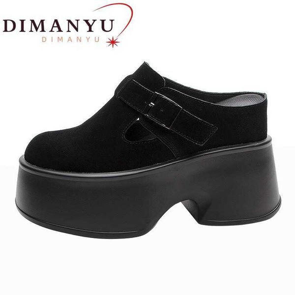 Тапочки Dimanyu Women Half Sippers Platform 2023 Spring High Heeel Retro Women Loafers Случайные подлинные кожаные замшевые мулы для женщин