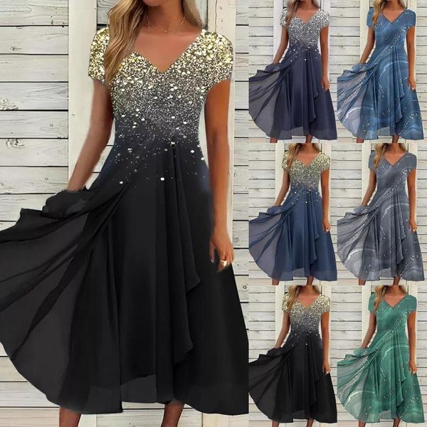 Casual Kleider Luxus Abend Frauen Elegante Vestidos V-ausschnitt Reißverschluss Kurzarm Getäfelten Große Lange Kleid Hochzeit Party Prom