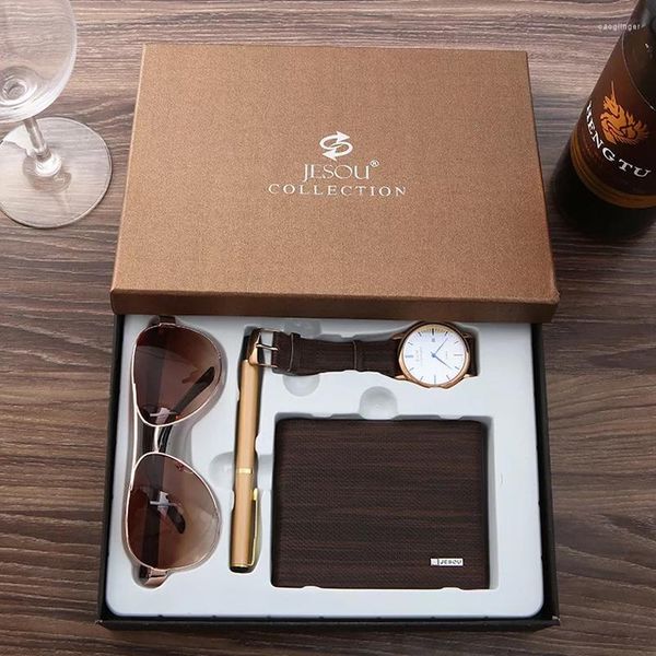 Armbanduhren Hochwertige Herrenuhren Set Lederband Quarz-Armbanduhr mit Faltschließe Brieftasche Sonnenbrille Geschenk für Freund Papa