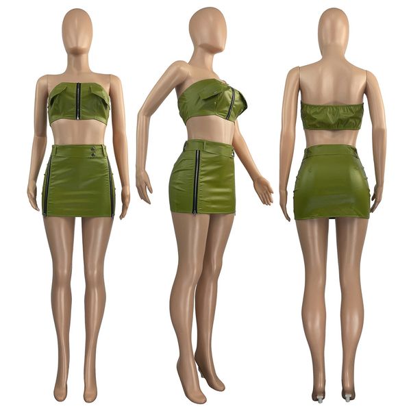 2023 Designer Summer Leather Dress Set da donna senza spalline Crop Top e minigonna Set da due pezzi Casual PU Zipper Gonna adatta ai vestiti 9499