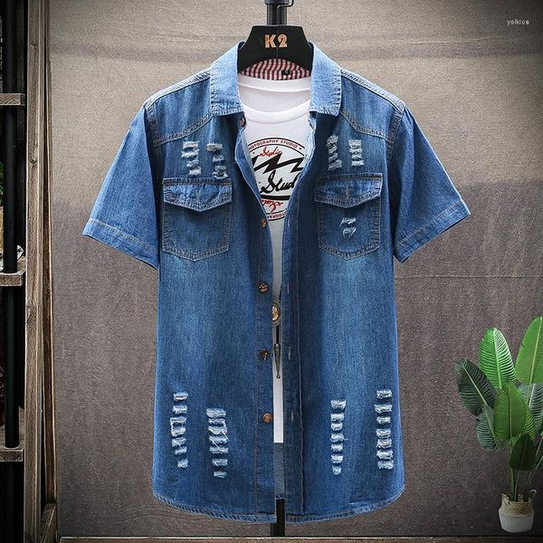 Camicie casual da uomo 2023 Camicia a maniche corte in denim classico da uomo estivo Moda retrò giapponese strappata Moda maschile Streetwear Top