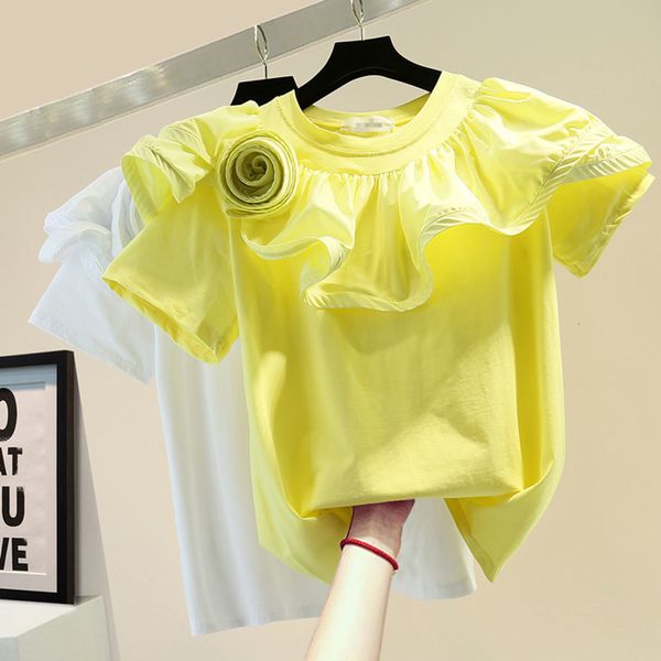 Kadın T-Shirt Yaz% 100 Pamuk 3d Çiçek fırfır yama t-shirt moda üstleri Kadınlar Sıradan Maç Kısa kollu tişörtler şık tee femme 230317