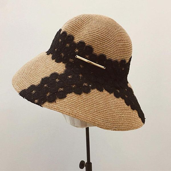 Hüte mit breiter Krempe für Damen, aufrollbar, verstaubarer Strohhut, weiß, schwarz, Spitze, Blume, Sommer, Sonne, Cloche, Strand, Fedora, Reisen, 55–59 cm, breite Hüte