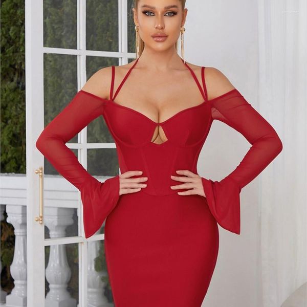 Casual Kleider 2023 Flare Rot Langarm Großhandel Frauen Kleid Mode V-ausschnitt Bandage Mini Sexy Cut Out Party Club Vestidos