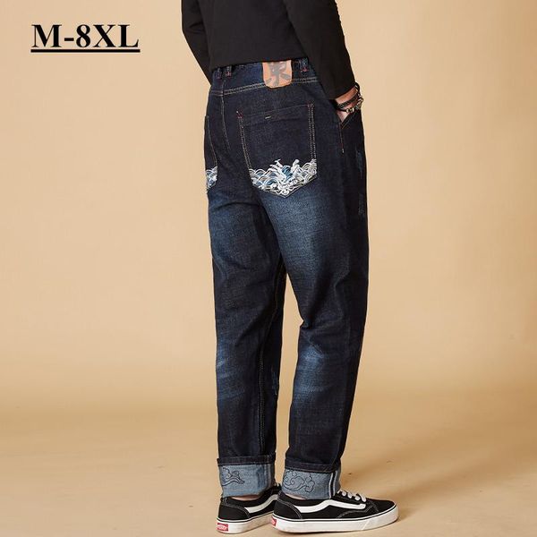 Herren Jeans Männer Japanische Wolken Wellen Gestickte Elastische Taille Kordelzug Mode Stretch Denim Hosen Plus Größe 6XL 7XL 8XL