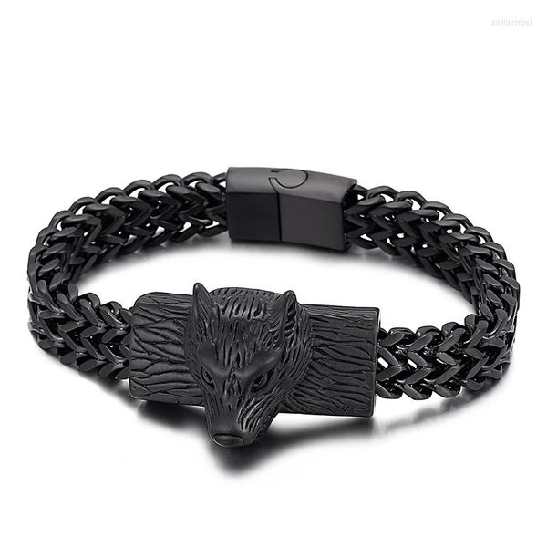 Braccialetti con ciondoli HAOLYNJOY Viking Wolf 12mm Box Pattern Chain Bracciale da uomo in acciaio inossidabile Braccialetti Gioielli