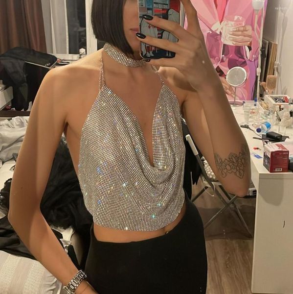 Kadın Tankları Işıltılı Rhinestone Gece Kulübü Kadın Y2K Tank Top Seksi Sırtsız Metal Zincir Yular Mahsul Üstler Çılgın Partisi Sokak Giyseni Şık