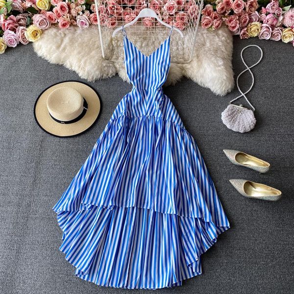 Sıradan elbiseler kadın plaj elbise moda şerit spagetti kayış ince düzensiz uzun dişi yaz sahil tatil A-line vestidos