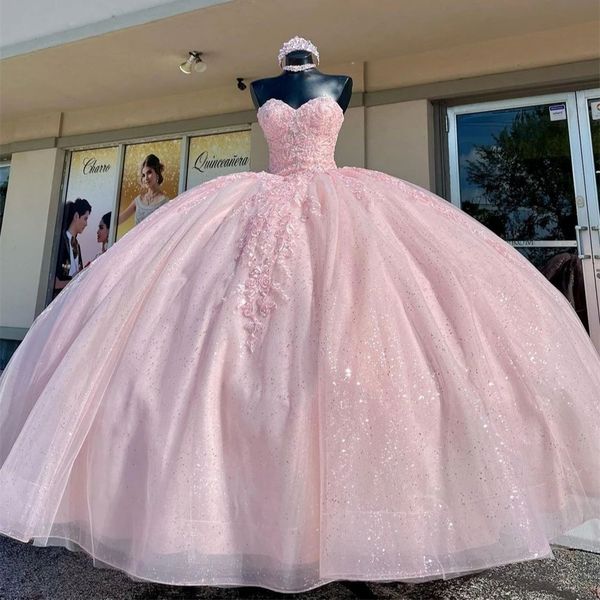 Платья Quinceanera Элегантное бальное платье принцессы с розовыми блестками и аппликацией в виде сердца с тюлем Плюс размер Sweet 16 Debutante Party Birthday Vestidos De 15 Anos 58