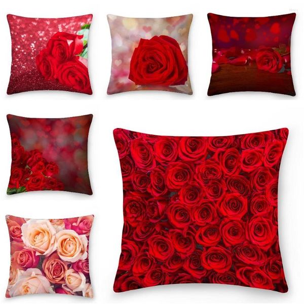 Kissenbezug, Überwurf, rote Rose, quadratischer Kissenbezug, 45 x 45 cm, Kissenbezug, Heimdekoration, Sofa, Sessel, Schlafzimmer, Wohnzimmer