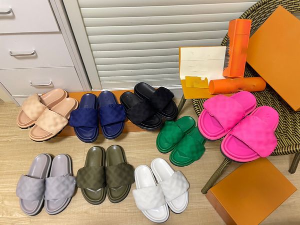 Chinelos da moda de alta qualidade Sandálias femininas de designer Sunset Flat Comfort Mules acolchoadas com alça frontal Chinelos estilo moderno Slides tamanho 35-44 sapatos masculinos femininos