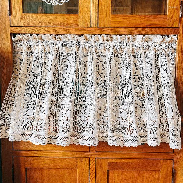 Cortinas de cortinas de estilo pastoral retro oco para a sala de estar linho de algodão misto de mamada de cozinha pequena padrão de rosa 55cm h