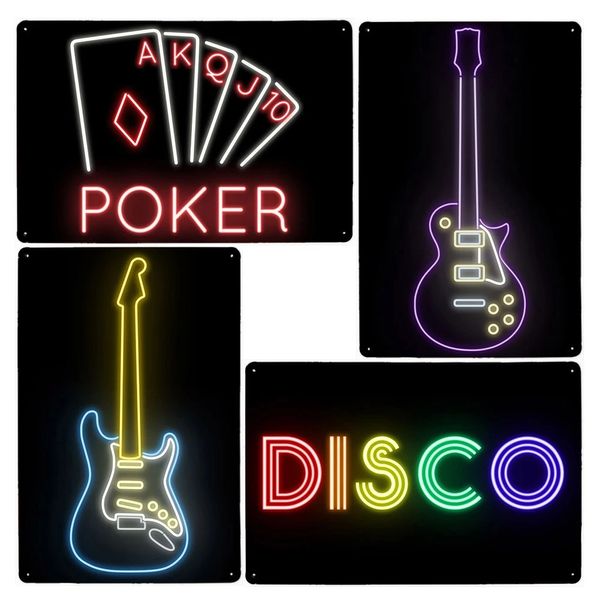 Müzik Festivali Casino Neon İmzaları Metal Poster Gitar Boynuz Saksafon Moderno Dekoracion Metal Duvar Sanat Retro Plaklar Ev Dekoru 30x20cm W03