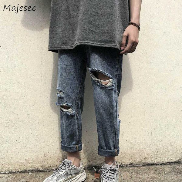 Jeans masculinos jeans jeans sólidos c harajuku jeans straight buracos calças de estilo de lazer coreano de estilo coreano bf allmatch insaio adolescentes z0315