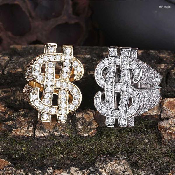 Anéis de casamento Bling gripou Big Sinal de dólares americanos Punky Rappers Gold Bated CZ Diamond Hip Hop noivado Ring para homens Mulheres