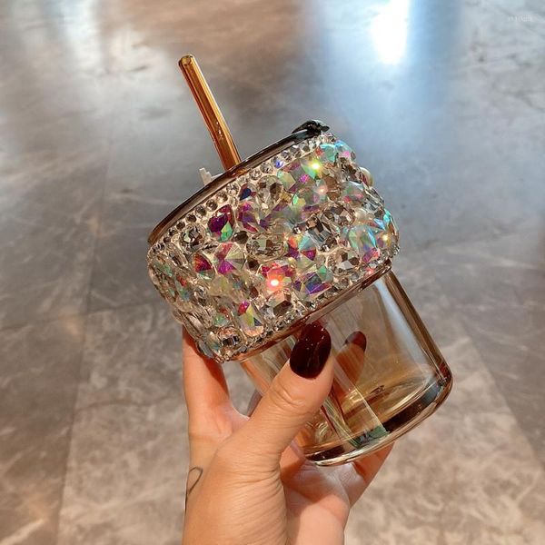 Bicchieri da vino Strass Bottiglia d'acqua in vetro trasparente Diamante Succo di latte Tazze da caffè con cannuccia Dessert Colazione Bevanda fredda Tazza di coca cola