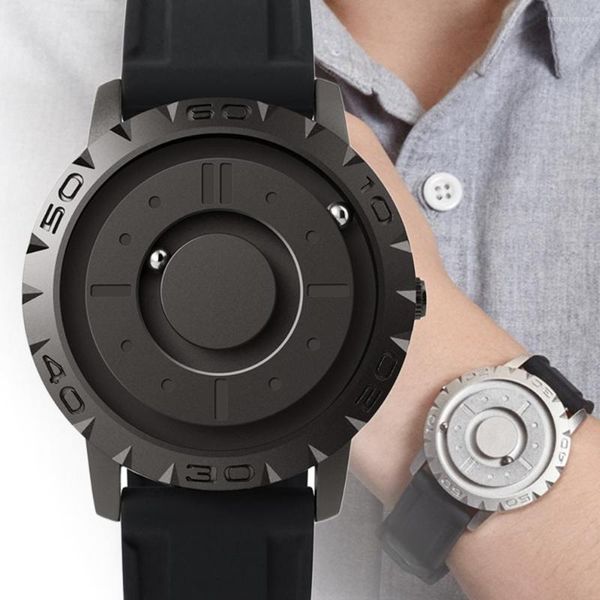 Orologi da polso Creative Gear Orologio da uomo Giradischi Magnete Perline Quadrante Orologio da polso Cinturino in resina nera Orologio al quarzo unico maschile Relogio Masculino