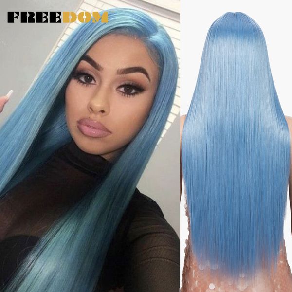 Dantelli peruklar özgürlük sentetik dantel peruk 30 inç uzunluğunda düz peruklar yumuşak gökkuşağı renkli mavi sarışın zencefil peruklar Siyah kadınlar için cosplay peruk 230317