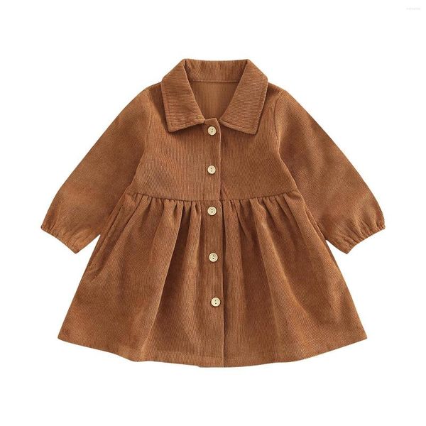 Mädchen Kleider Kinder Kleinkind Baby Hemdkleid Lässig Einfarbig Knopf Revers Lange Ärmel Cord A-Linie Frühling Herbst 1-6T